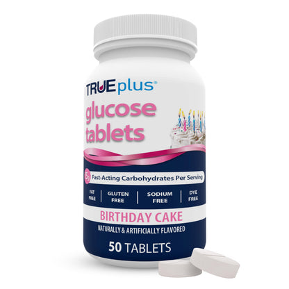 TRUEplus Glucose Tablets, Chewable, Birthday Cake Flavor, 15g Fast-Acting Carbohydrates, Dye Free, Gluten Free, No Fat, Boost Energy, 50 Count