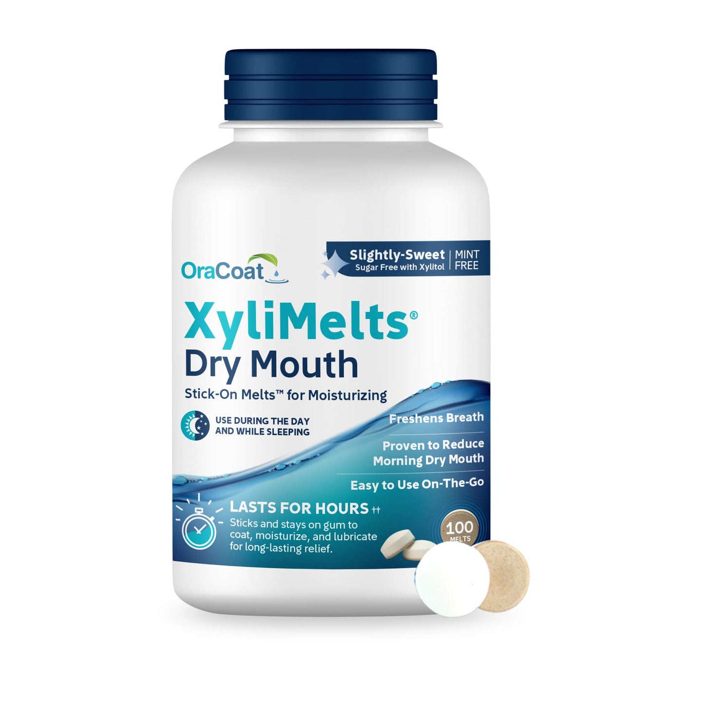 Oracoat XyliMelts for Dry Mouth Night Time or Day - Moisturizing Dry Mouth Adhering Discs, Sugar Free with Xylitol, 100 Count,