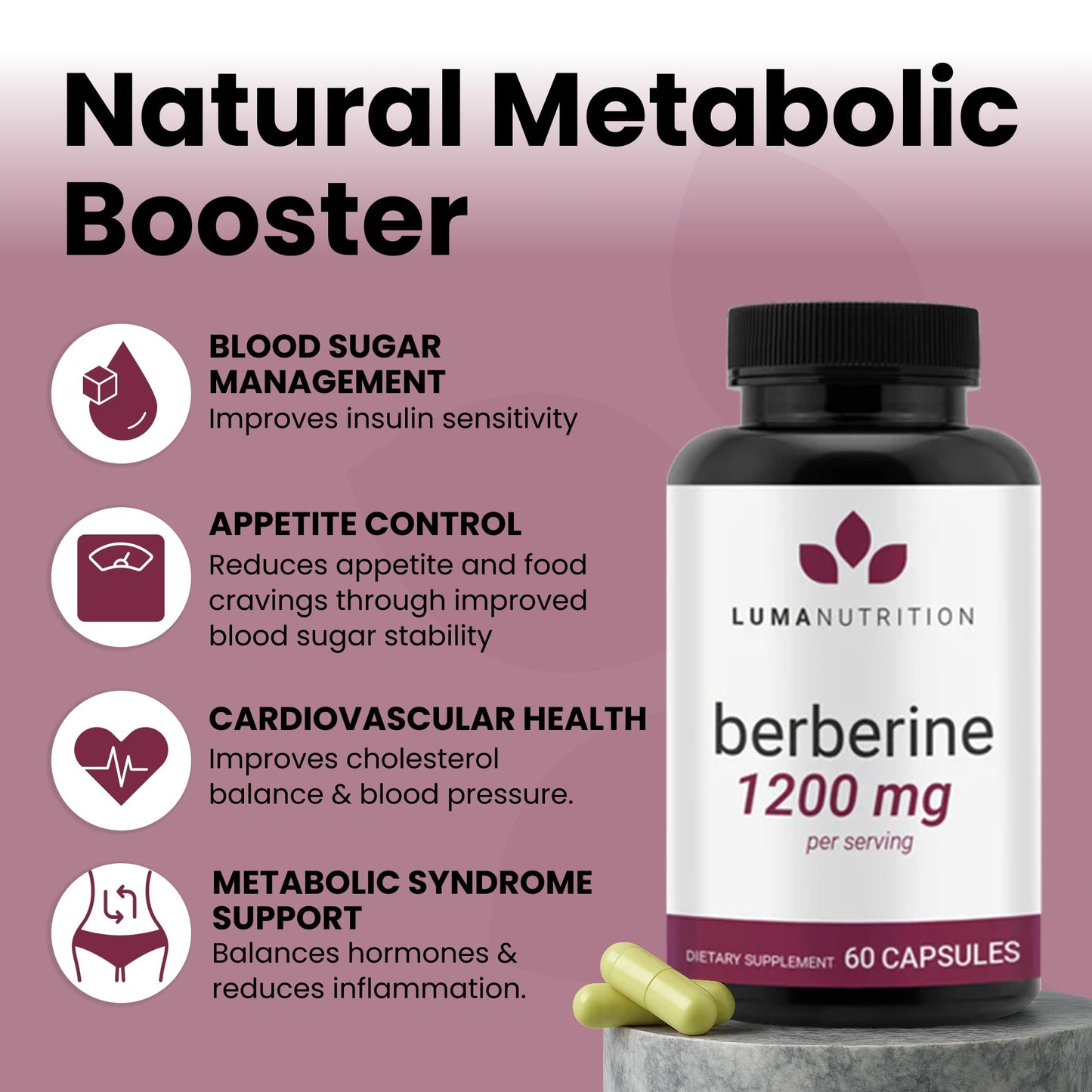 Luma Nutrition Berberine Supplement - HCL 1200mg Per Serving - 97% HCl - Vegan, Gluten Free - 60 Capsules