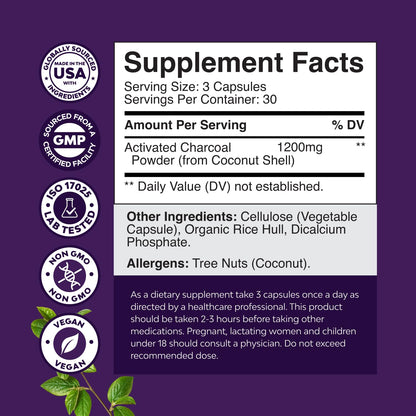 Natures Craft Activated Charcoal Pills Detox & Cleanse - Purifying Coconut Capsules with 1200 mg Per Serving for Bloating Relief