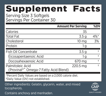 Primal Labs DuOmega 3&7 Fish Oil Supplement with Omega 3 and Omega 7, 90 Count Capsules