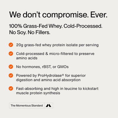 Momentous Essential Grass-Fed Whey Protein Powder - 20 g Whey Isolate Protein - NSF Certified for Sport - Gluten-Free - 12 Servings for Essential Everyday Use