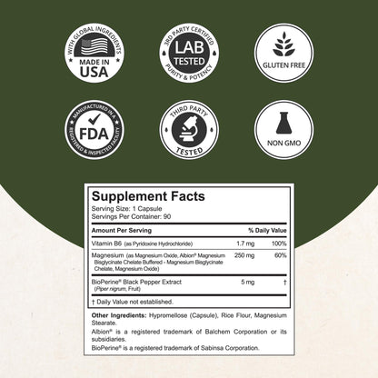 Magnesium Glycinate Chelate Complex with Albion Magnesium Bisglycinate Chelate, Vitamin B6 & BioPerine for Bone, Muscle, Natural Sleep,