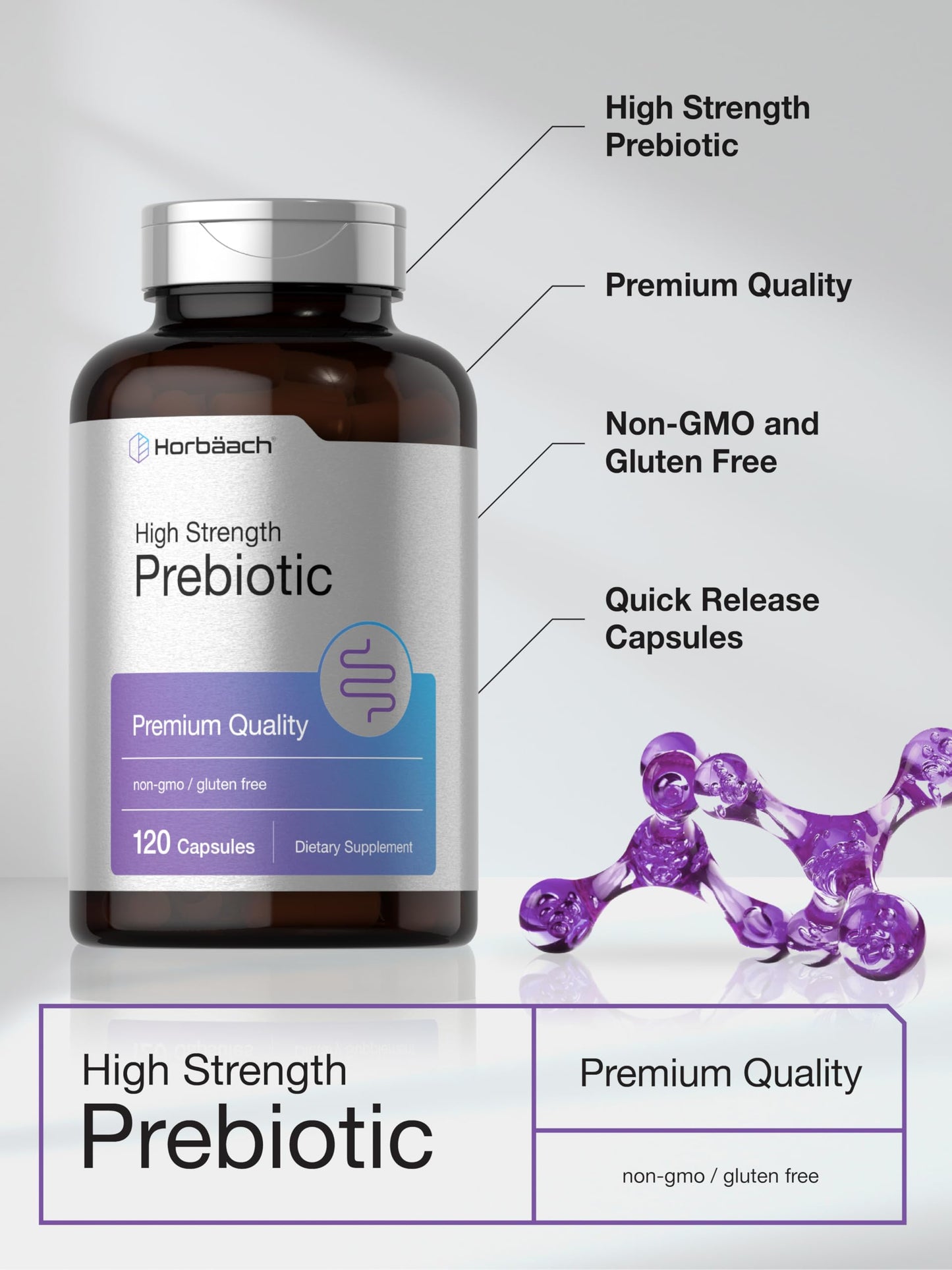 Horbäach Prebiotic for Men and Women | 120 Powder Pills | High Strength & Premium Quality Supplement | Non-GMO & Gluten Free