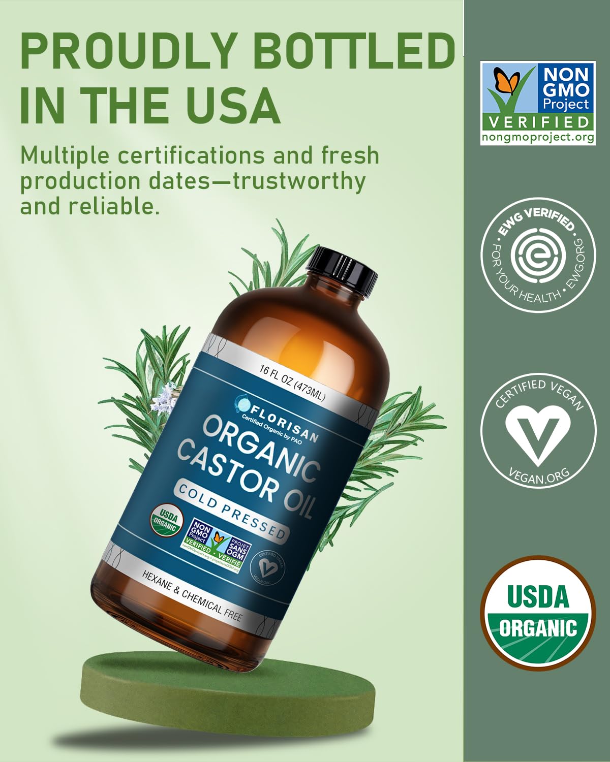 Florisan USDA Certified Organic Castor Oil 16oz Glass Bottle, Cold Pressed, Hexane-Free, Non-GMO, Vegan, 100% Pure Castor Oil for Hair Growth,