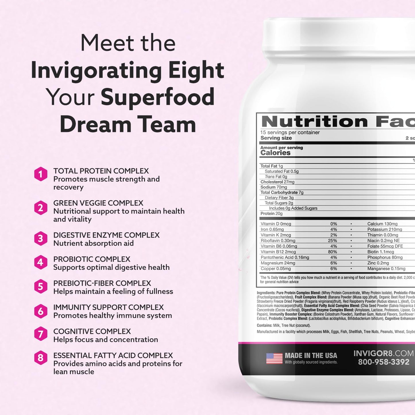 INVIGOR8 Superfood Grass Fed Whey Protein Isolate Shake Natural Strawberry Gluten-Free and Non GMO Meal Replacement with Probiotics and Omega 3 (645g)