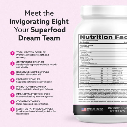 INVIGOR8 Superfood Grass Fed Whey Protein Isolate Shake Natural Strawberry Gluten-Free and Non GMO Meal Replacement with Probiotics and Omega 3 (645g)