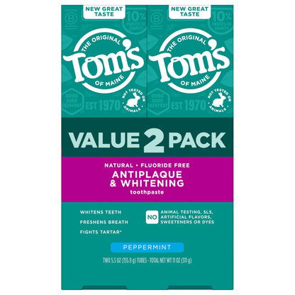Tom's of Maine Fluoride-Free Antiplaque & Whitening Natural Toothpaste, Peppermint, 5.5 oz. (Pack of 2)