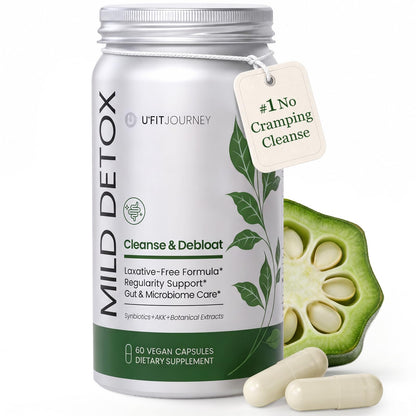 U+FITJOURNEY Mild Detox 12-in-1 Senna-Free Gut & Colon Cleanse - Non-Stimulant Overnight Constipation Relief & Debloat for Women & Men with Prebiotic