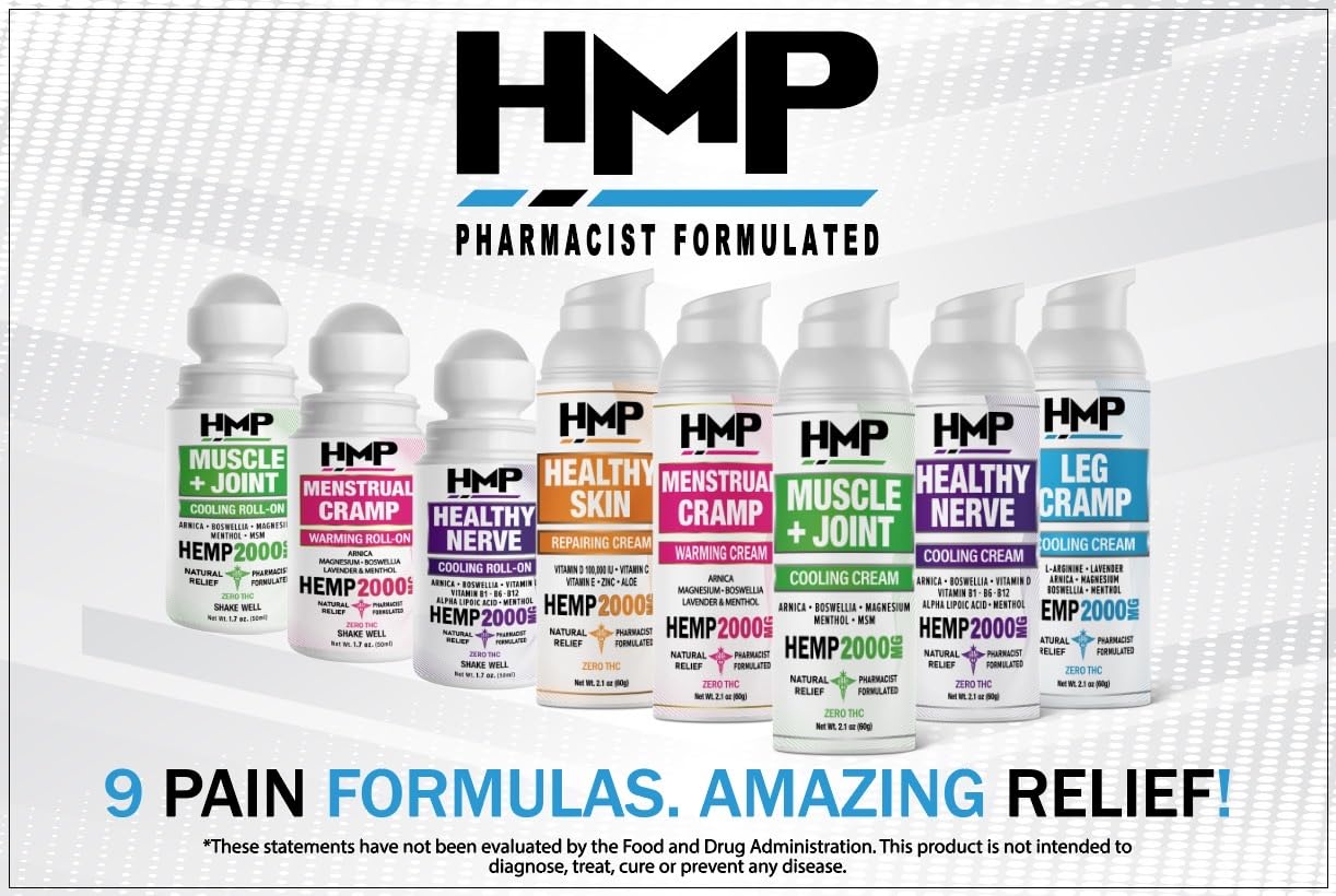 HMP Nerve Roll-On for Feet, Hands, Legs, Toes, Back 2000MG Hemp with Menthol & Arnica, Soothing Cooling Formula, Made in USA, 50ml (1 Pack) HMP BRANDSBuy Supplements Australia