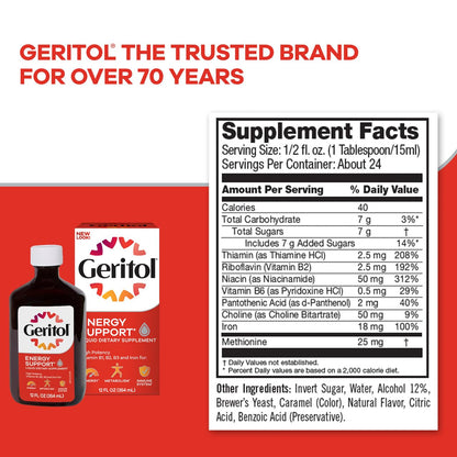 Geritol Liquid Vitamin and Iron Supplement, Energy Support Vitamins, Contains High Potency B-Vitamins and Iron, Easy to Swallow,