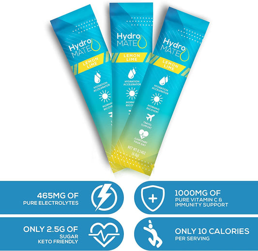 HydroMATE Electrolyte Powder Lemon Lime Hydration Packets Low Sugar 30 Count