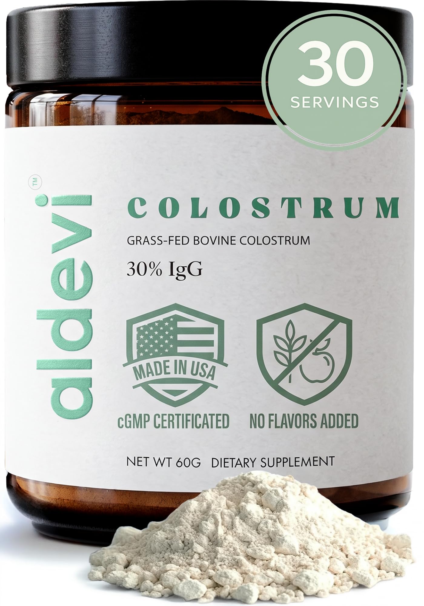 aldevi Bovine Colostrum Powder, Grass-Fed & Pasture-Raised, Made in USA, cGMP, High IgG, Unflavored, Mixes Easily, Gut & Immune Support, 30 Servings