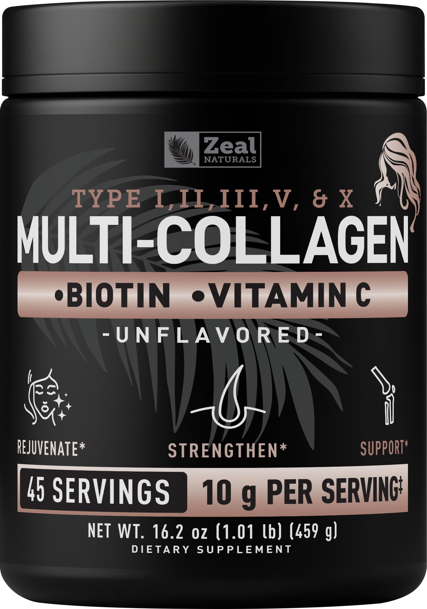 Zeal Naturals Multi Collagen Protein Peptides Powder Types I II III V X - Vitamin C, Biotin & Hyaluronic Acid - Hair, Skin & Nails - Marine, Bovine,