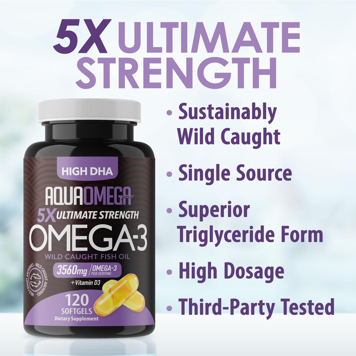 5X Ultimate Strength Omega 3 Fish Oil Supplements with High DHA and EPA Omega 3 Fatty Acids, Fish Oil Supplement with Vitamin D