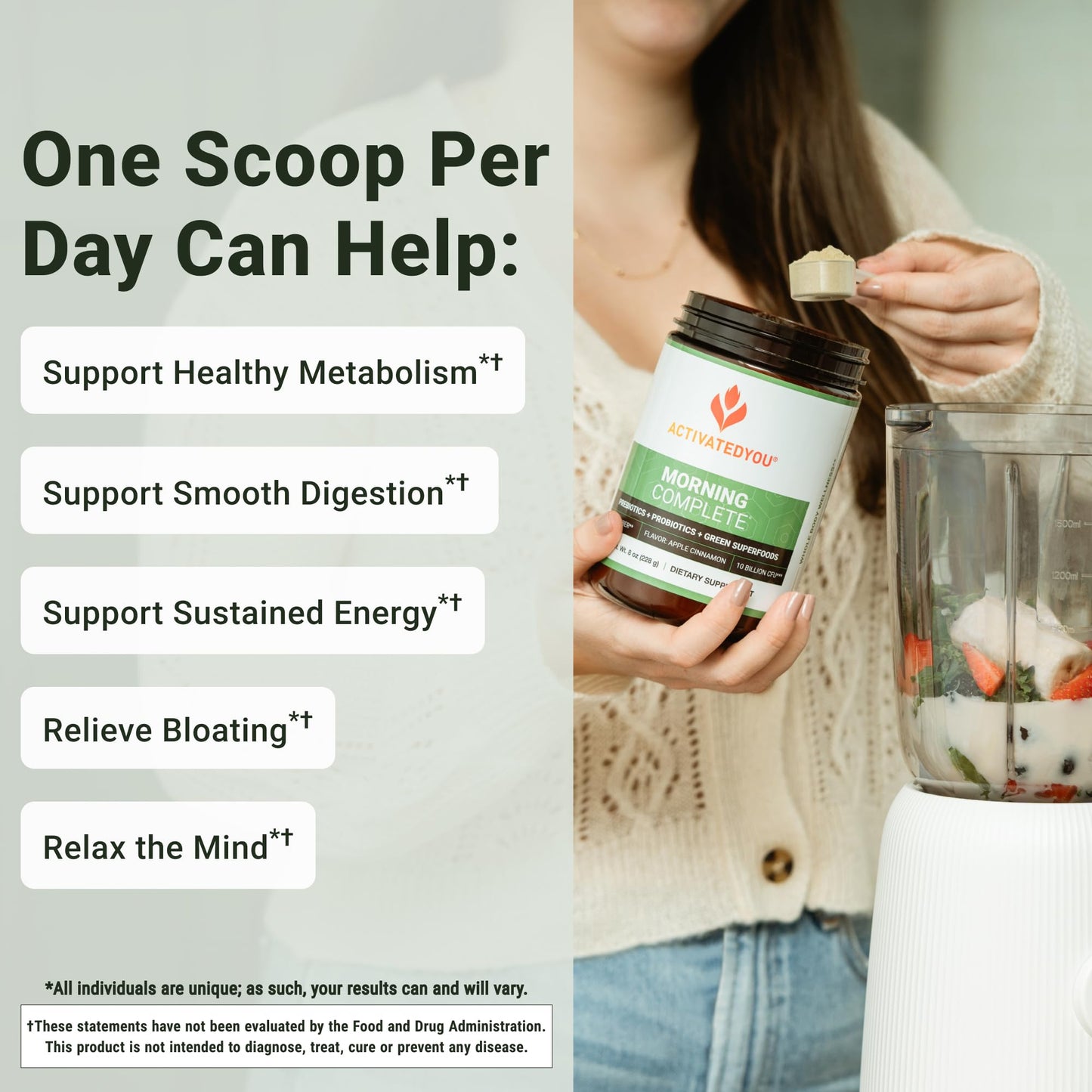 ACTIVATEDYOU Morning Complete Daily Wellness Greens Superfood Drink Mix for Gut Health w/Prebiotics, Probiotics, Antioxidants, Green Superfoods,