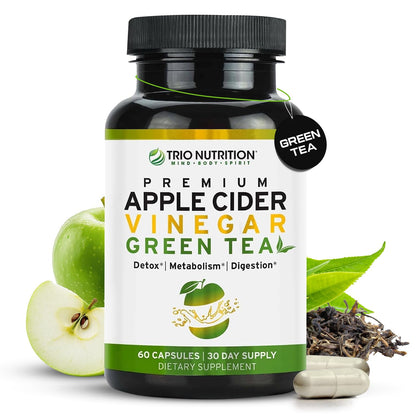 TRIO NUTRITION Apple Cider Vinegar Capsules with Green Tea - Natural Sugar Free Apple Cider Vinegar Pills with the Mother for Body Cleanse, Immune