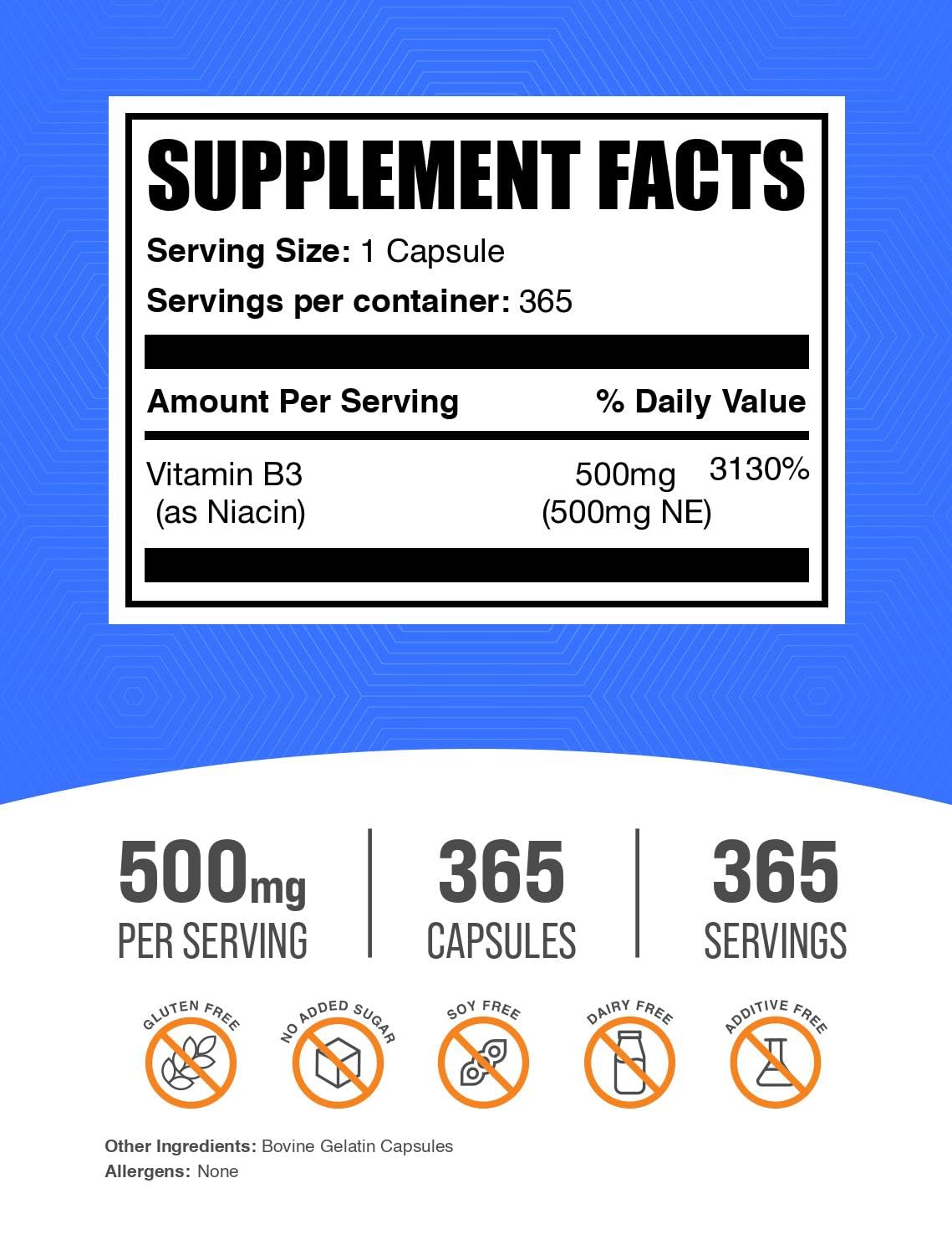BulkSupplements.com Niacin Capsules - Niacin Supplement, Vitamin B3 - Gluten Free, 1 Capsule per Serving, 365 Capsules (Pack of 1)