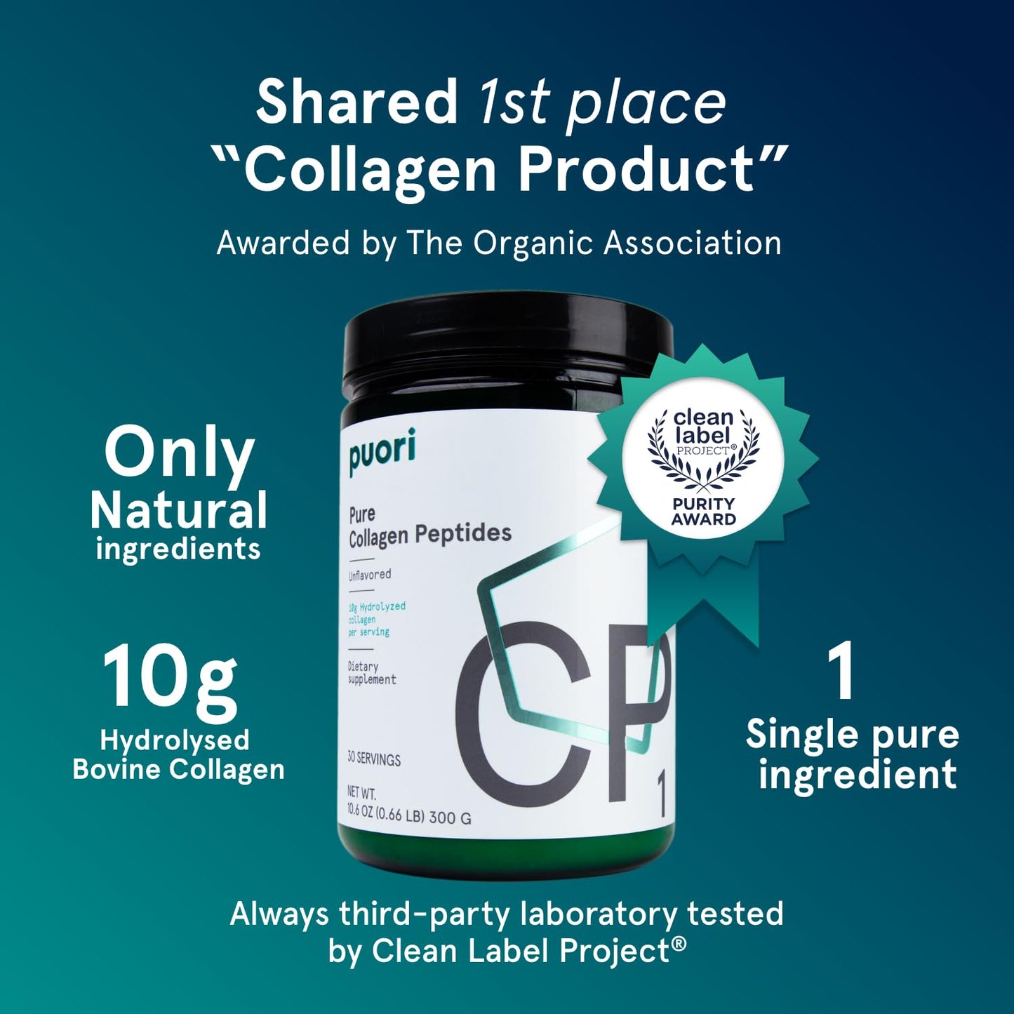Puori Pure Collagen Peptides Powder, Unflavored - 10g of Grass-Fed Hydrolyzed Bovine Collagen Supports Skin Health, Hair & Nail Strength,