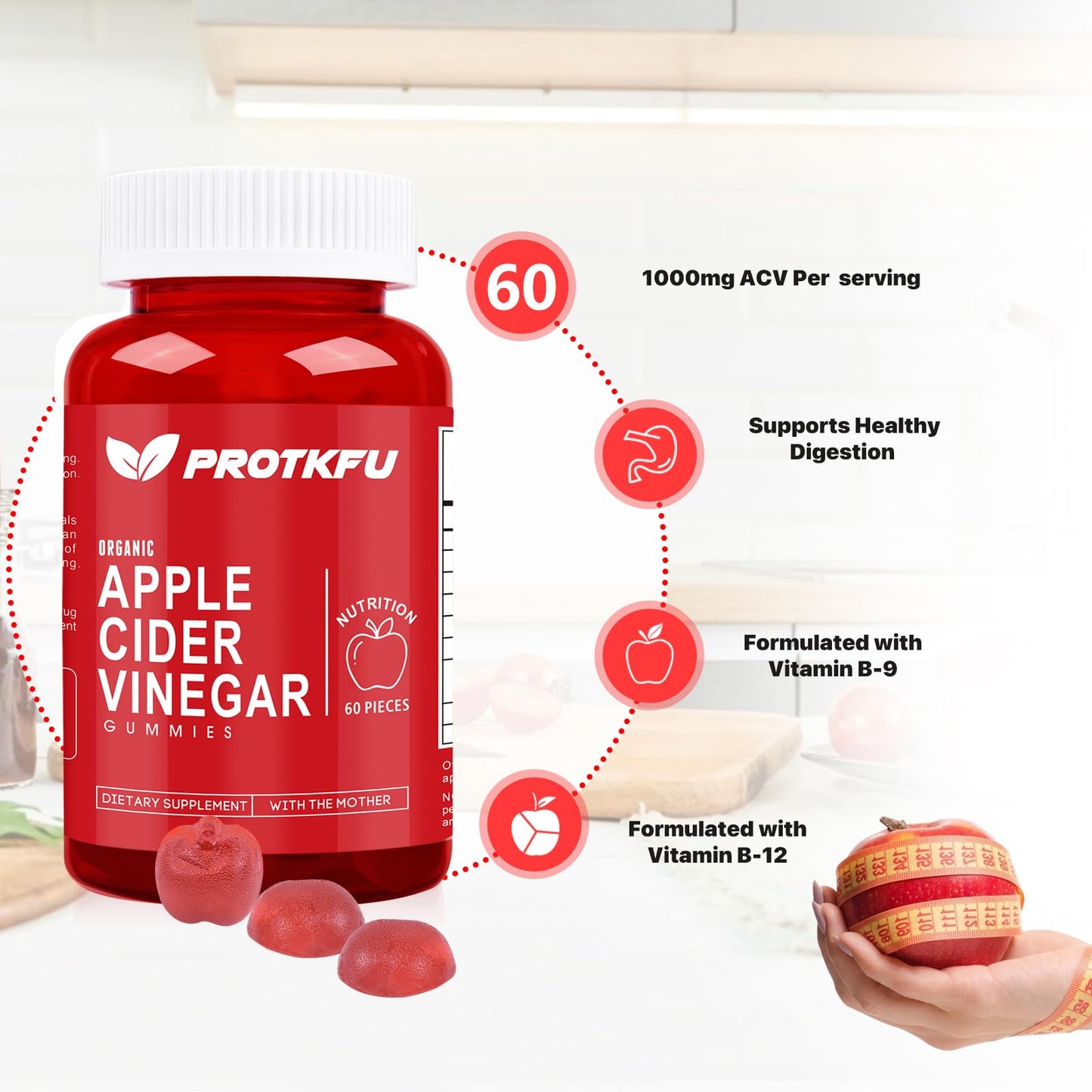 ProTKFU Apple Cider Vinegar Gummies, 120 Count Max Strength 1000mg ACV Gummies with Vitamin B12 & B6, for Metabolism, Digestion, Detox, Gut & Immune Health