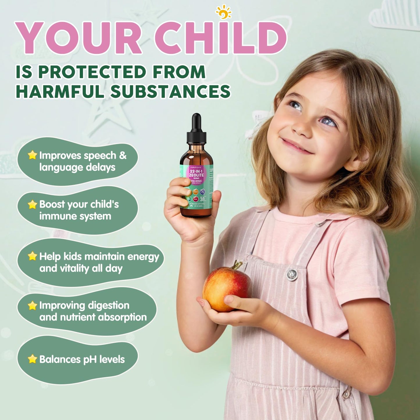 Zeolite Detox for Kids and Adults, Herbal Detox with 800mg DHA, 500mg Inulin, Probiotics & Vitamin B12, D3, C, B6, Cilantro Extract Cleanse to Support Brain,