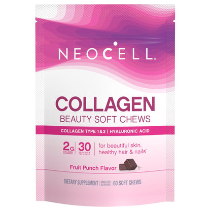 NeoCell Collagen Peptides Soft Chews | 60 Chewables | Beauty Bursts Supplement | with Hyaluronic Acid | Hair, Skin, & Nails | Fruit Punch Flavor