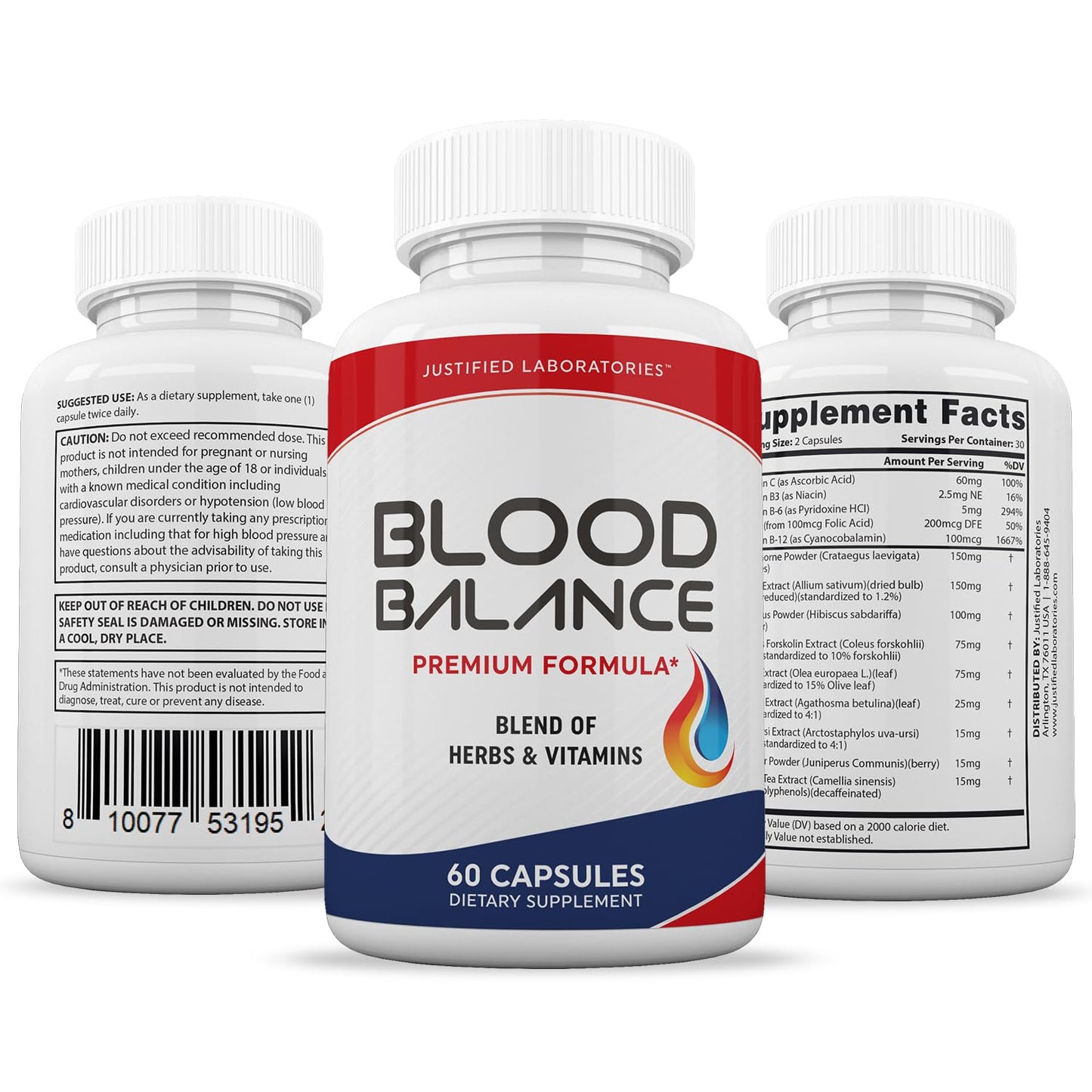 Justified Laboratories Blood Balance - 60 Capsules, Pack of 2 - Advanced Circulatory Support Formula with a Blend of Herbs & Vitamins - 60 Servings