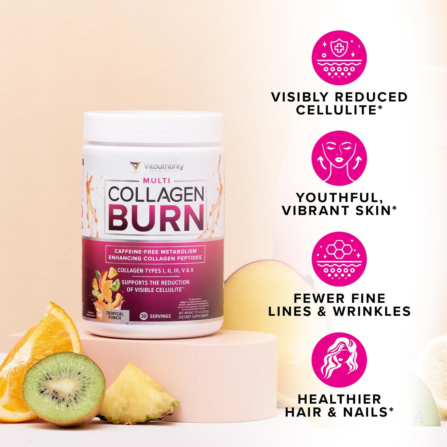 Multi Collagen Burn: Hydrolyzed Protein Peptides with Hyaluronic Acid, Vitamin C, SOD B Dimpless, Types I, II, III, V and X, Caffeine-Free Strawberry