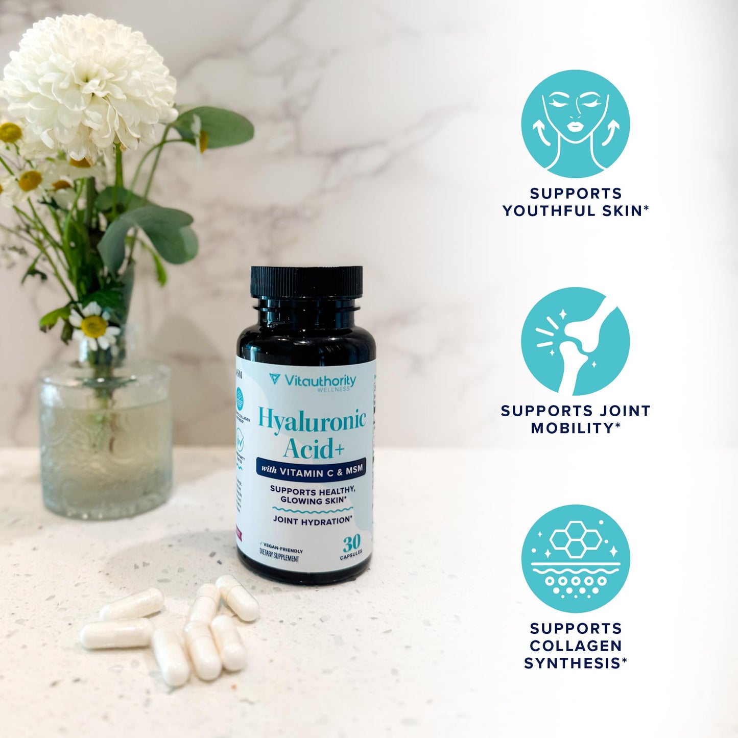 Hyaluronic Acid Capsules with MSM & Vitamin C | 120mg Sodium Hyaluronate | Skin Hydration, Elasticity & Collagen Support | Vegan, Non-GMO