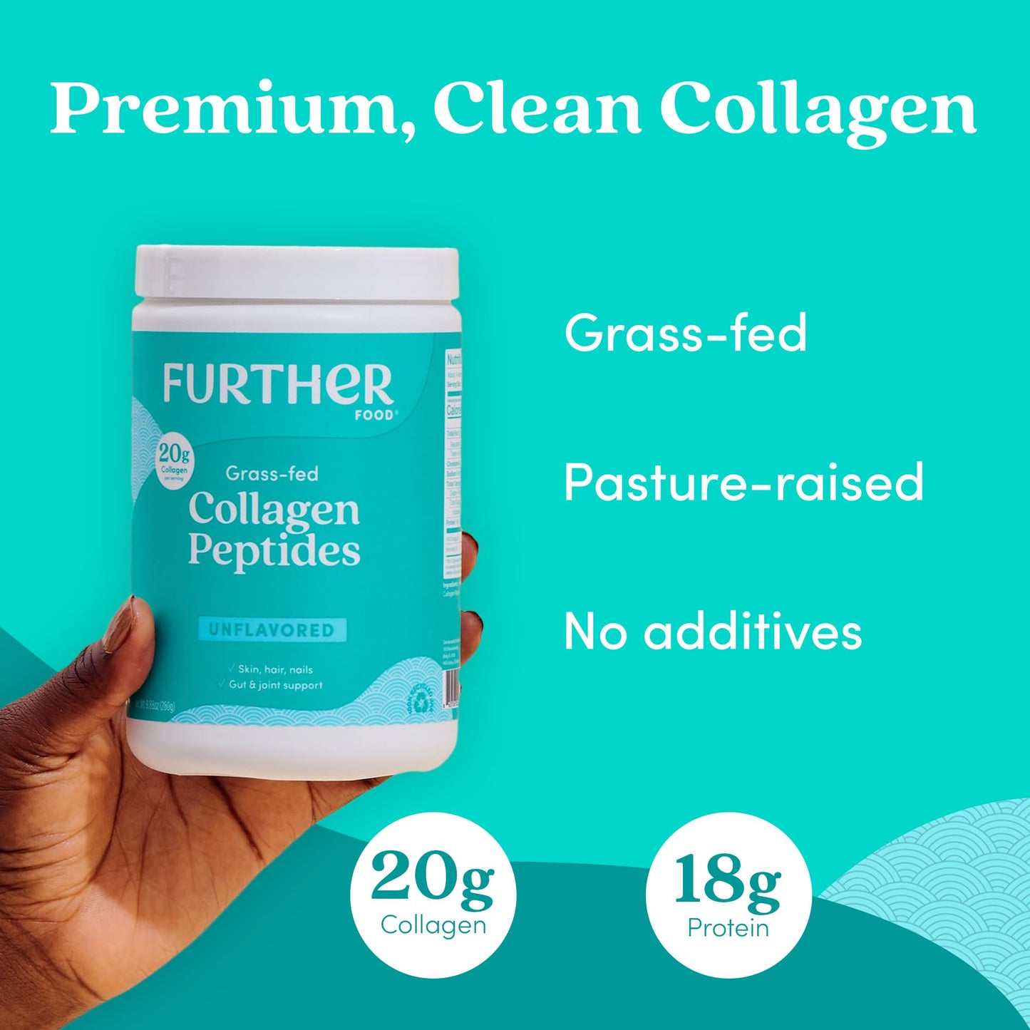 Further Food Unflavored Collagen Peptides Powder - 100% Grass-Fed, Hydrolyzed Type 1 & 3, 20g of Collagen per Serving