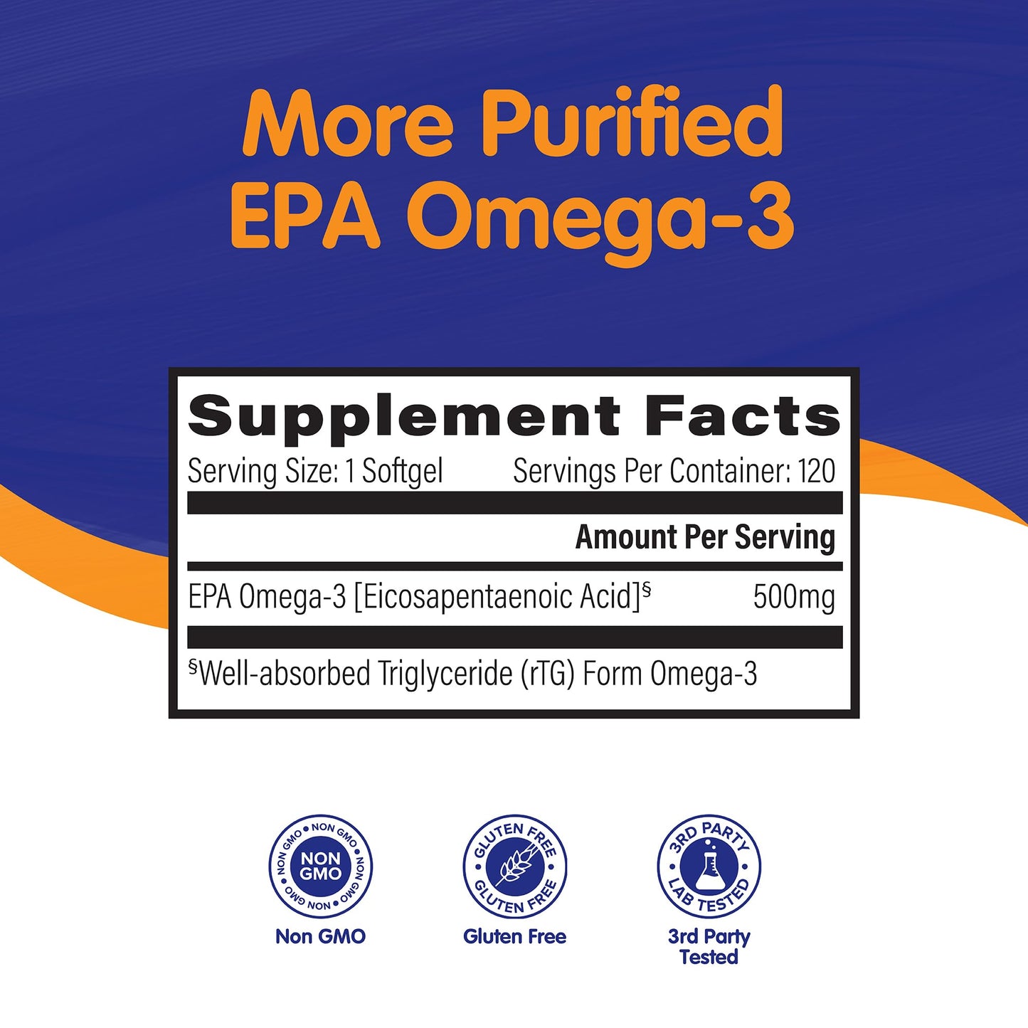 OmegaVia EPA 500, Purified Omega-3 Fish Oil Supplement, 500 mg EPA in Triglyceride Form, Burpless Fish Oil, Non-GMO, Gluten-Free, IFOS 5-Star, 120 Softgels