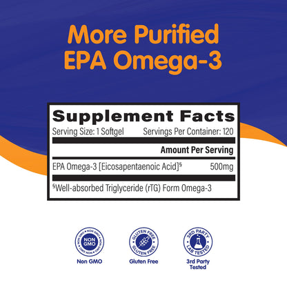 OmegaVia EPA 500, Purified Omega-3 Fish Oil Supplement, 500 mg EPA in Triglyceride Form, Burpless Fish Oil, Non-GMO, Gluten-Free, IFOS 5-Star, 120 Softgels