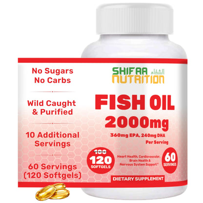 Halal Omega 3 Fish Oil 2000mg - 60 Servings, 120 Softgels. Wild Caught, Purified, Keto Friendly, Non-GMO & Gluten-Free. Brain, Heart & Cardiovascular Support.