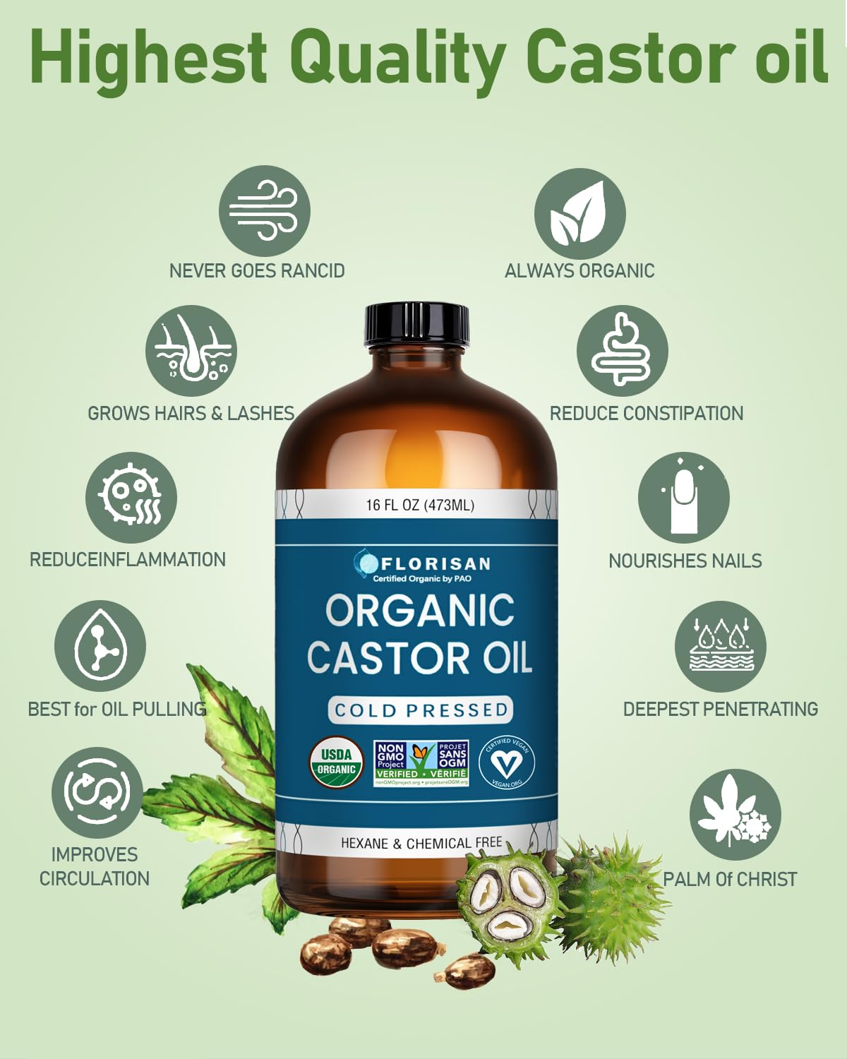 Florisan USDA Certified Organic Castor Oil 16oz Glass Bottle, Cold Pressed, Hexane-Free, Non-GMO, Vegan, 100% Pure Castor Oil for Hair Growth,