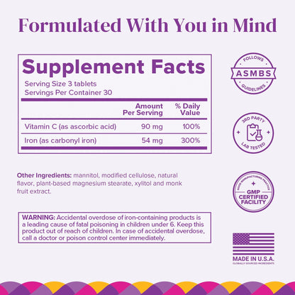 Barimelts Iron with Vitamin C, 90 Fast-Dissolving Tablets (1-Month Supply), Sugar-Free Bariatric Iron Supplement for Women, Natural Orange Flavor