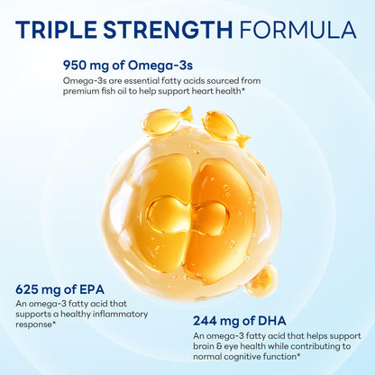 Vitamin World Triple Strength Omega 3 Fish Oil 1360 mg Supplement, 950 mg Active Omega-3 Fatty Acids with EPA & DHA, Supports Heart, Brain & Joint Health