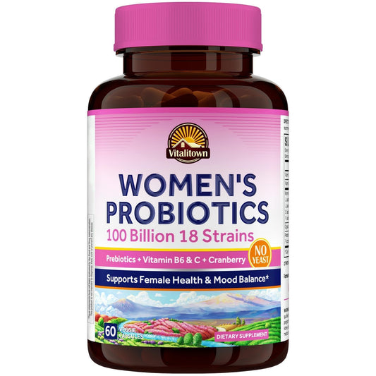 Vitalitown Women's Probiotics | 100 Billion CFUs 18 Strains | Prebiotics, VC & B6, Cranberry | Shelf Stable | Vaginal, Urinary