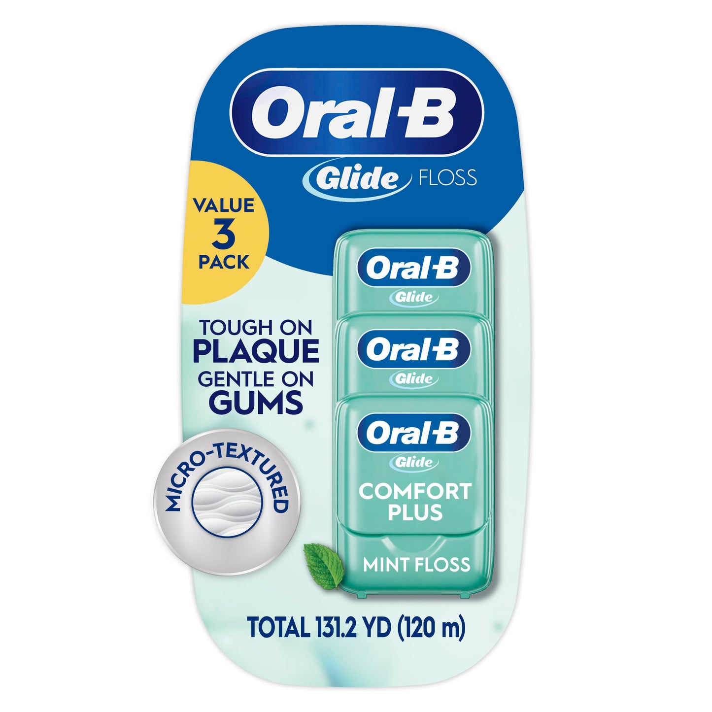 Oral-B Glide Dental Floss, Comfort Plus Mint, 3 Pack (131.2 YD Total) – Shred-Resistant Smooth Dental Tape for Tight Spaces, Natural Wax,