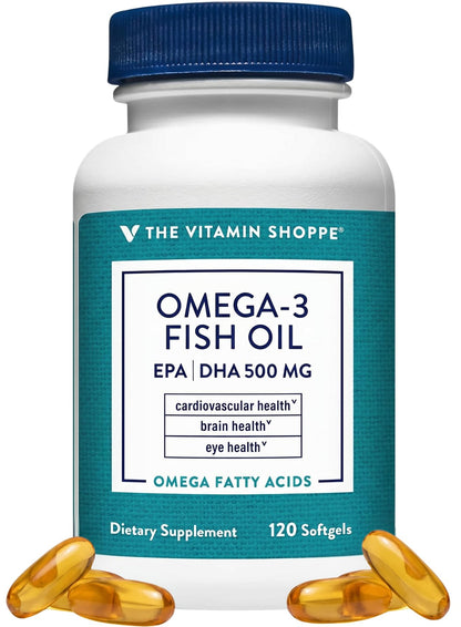 The Vitamin Shoppe Brand Omega 3 Fish Oil 1000mg with EPA DHA 500mg, Cardiovascular, Brain & Eye Health Support for Men and Women, Sourced from Anchovy,
