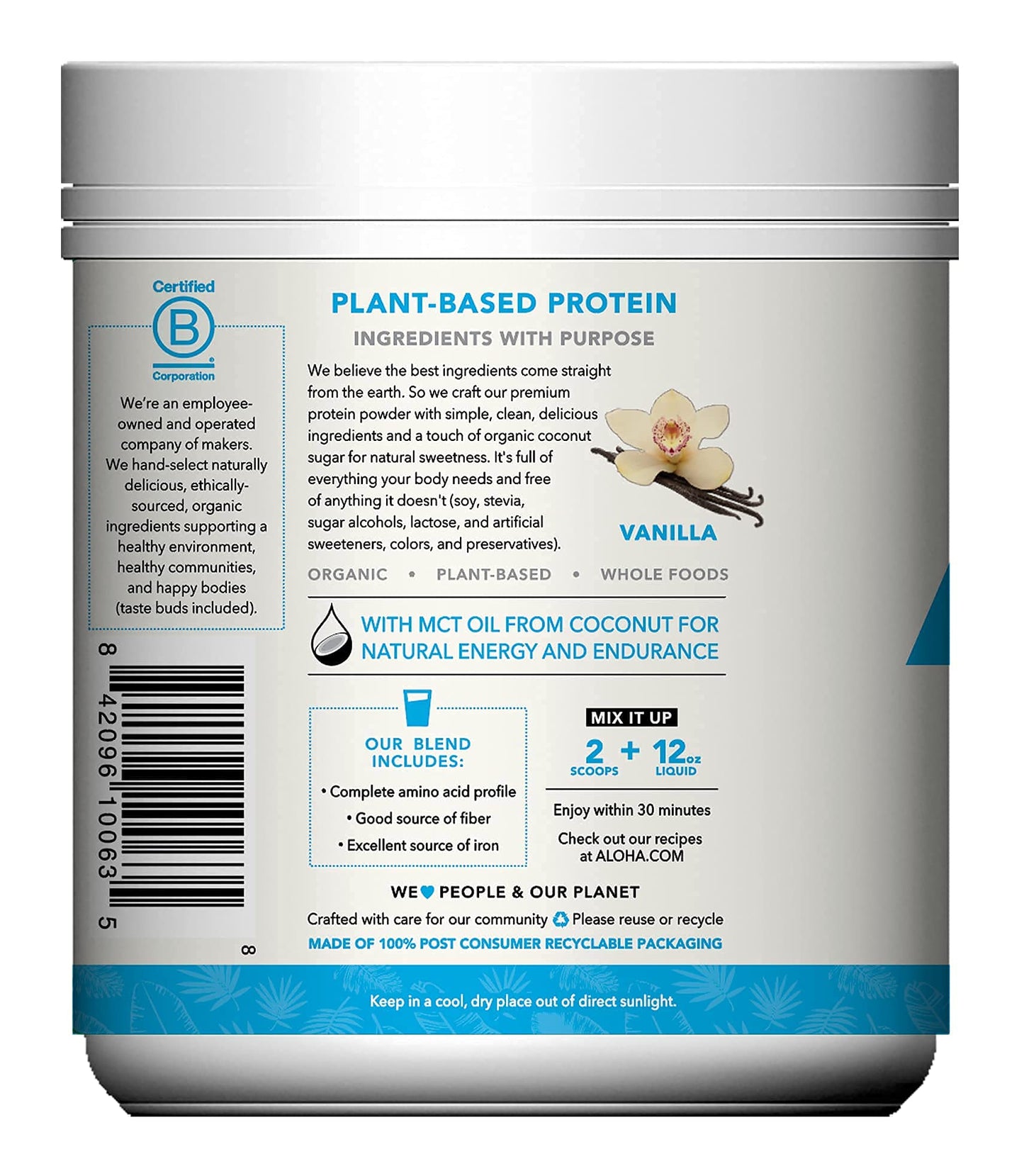 ALOHA Organic Plant Based Protein Powder, Stevia Free, Vanilla, 19.6 oz, 15 Servings PACKAGING MAY VARY