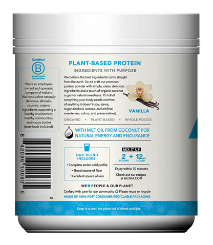 ALOHA Organic Plant Based Protein Powder, Stevia Free, Vanilla, 19.6 oz, 15 Servings PACKAGING MAY VARY