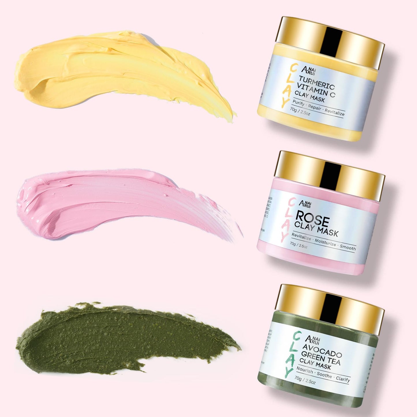 ANAI RUI 3 Pack Clay Mask Set Turmeric Vitamin C Clay Mask -Rose Facial Mask -Avocado Green Tea Mud Mask Smoothing, Hydration & Glow,Spa Gift Set
