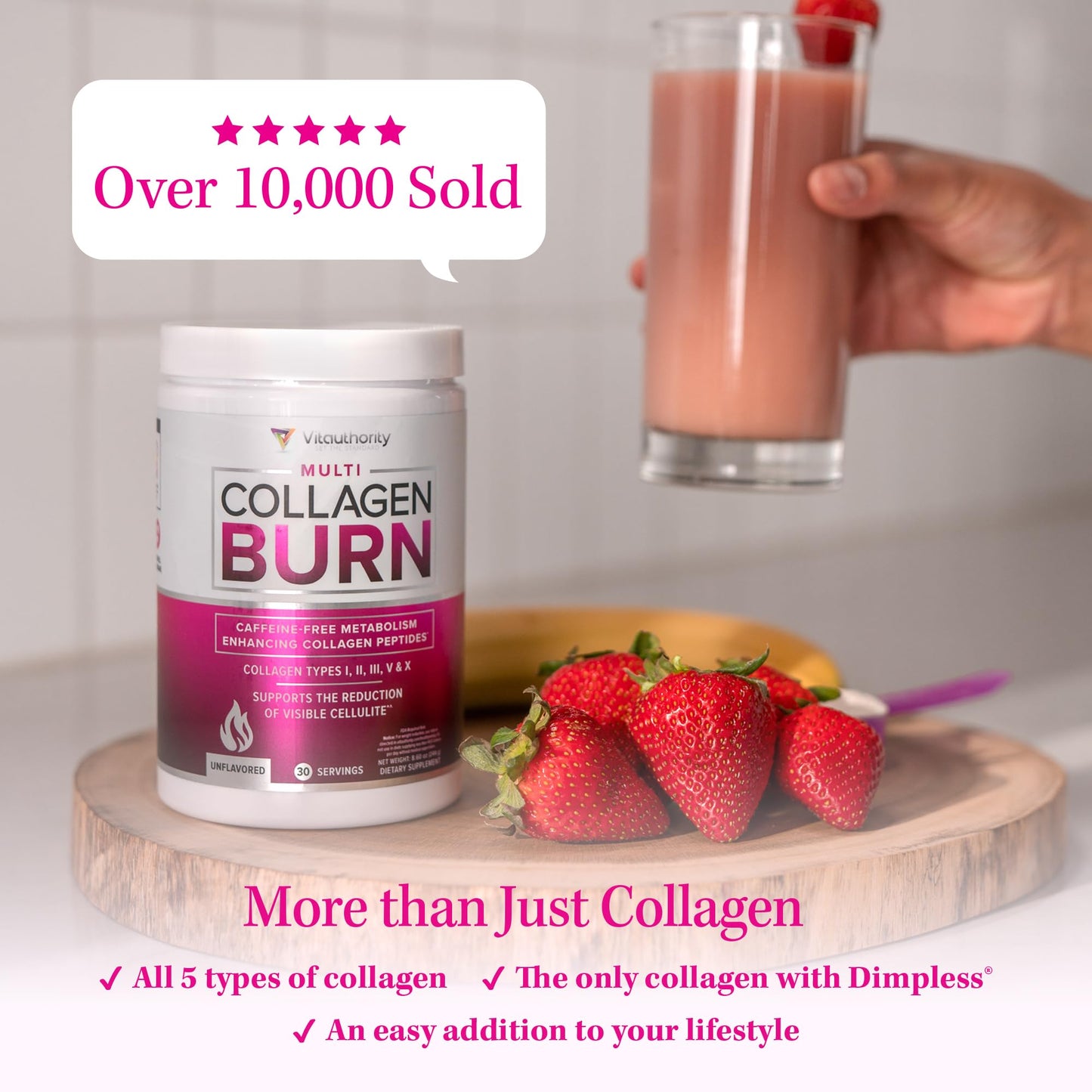 Multi Collagen Burn: Hydrolyzed Protein Peptides with Hyaluronic Acid, Vitamin C, SOD B Dimpless, Types I, II, III, V and X, Caffeine-Free Strawberry