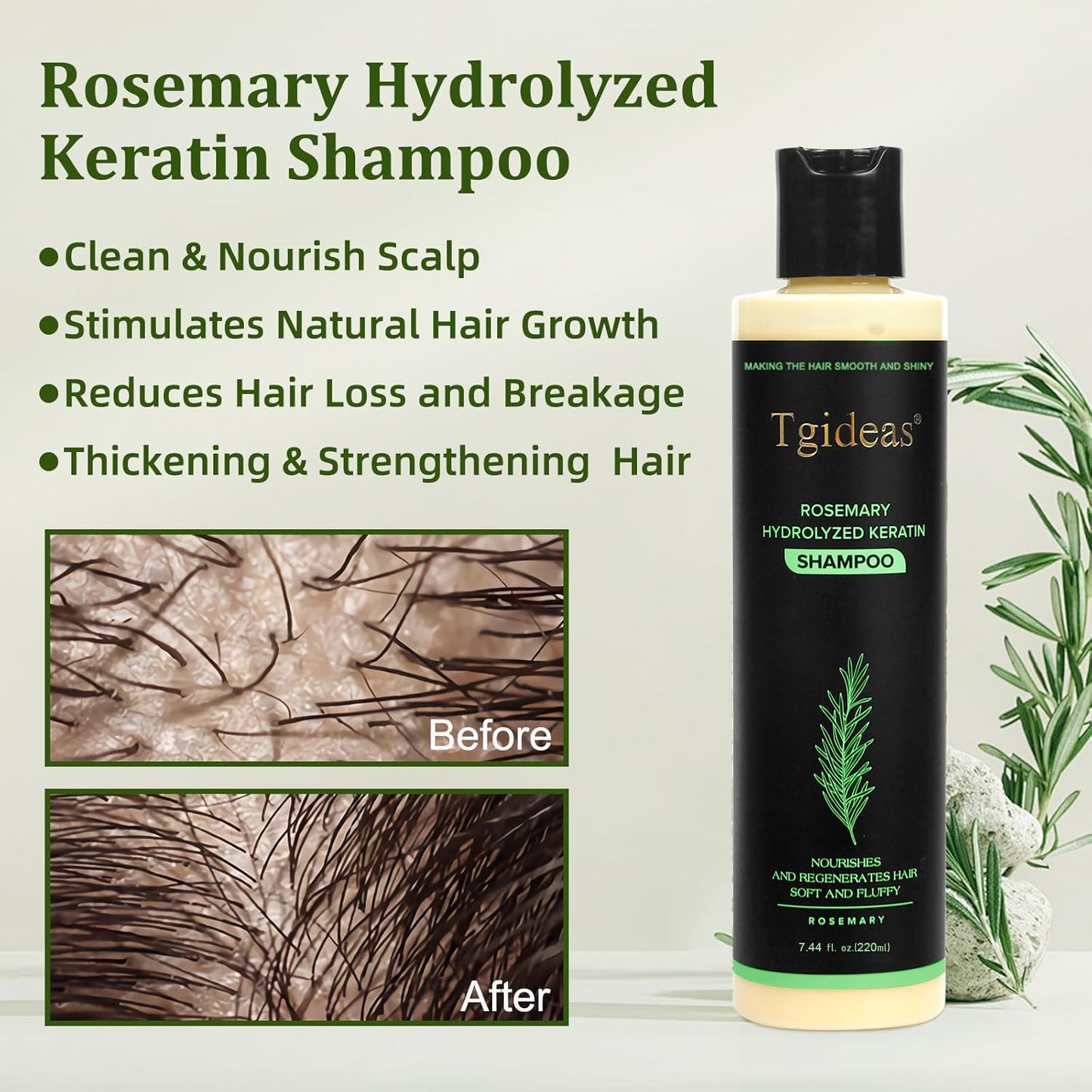 Tgideas Organic Rosemary Hair Growth Shampoo for Women and Men-Natural Thickening & Strengthening Shampoo with Hydrolyzed Keratin