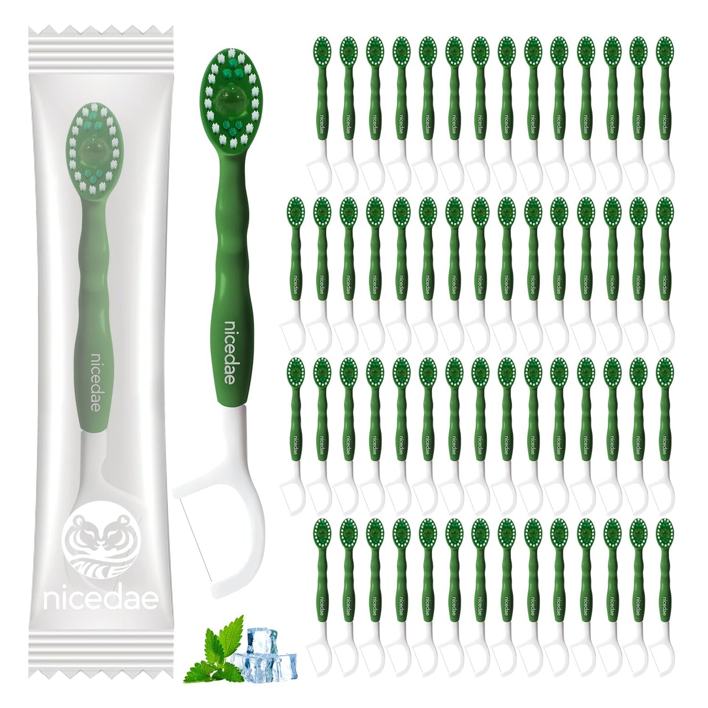 nicedae Disposable Mini Travel Toothbrush Bulk with Toothpaste 5in1 60Ct Portable Toothbrushes Set Floss Pick Tongue Scraper Cruise