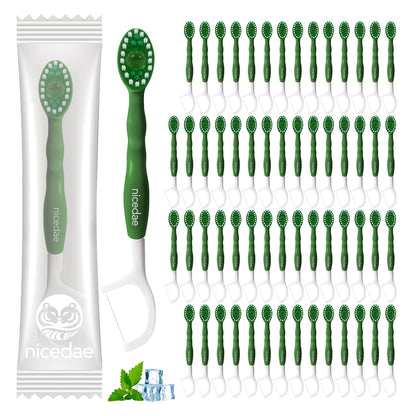 nicedae Disposable Mini Travel Toothbrush Bulk with Toothpaste 5in1 60Ct Portable Toothbrushes Set Floss Pick Tongue Scraper Cruise