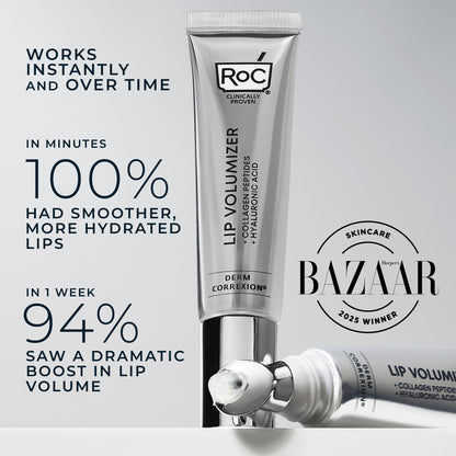 RoC Derm Correxion Lip Volumizer - Lip Plumper Peptide Treatment with Hyaluronic Acid & Vitamin E + Line Smoothing Eye Cream Packette