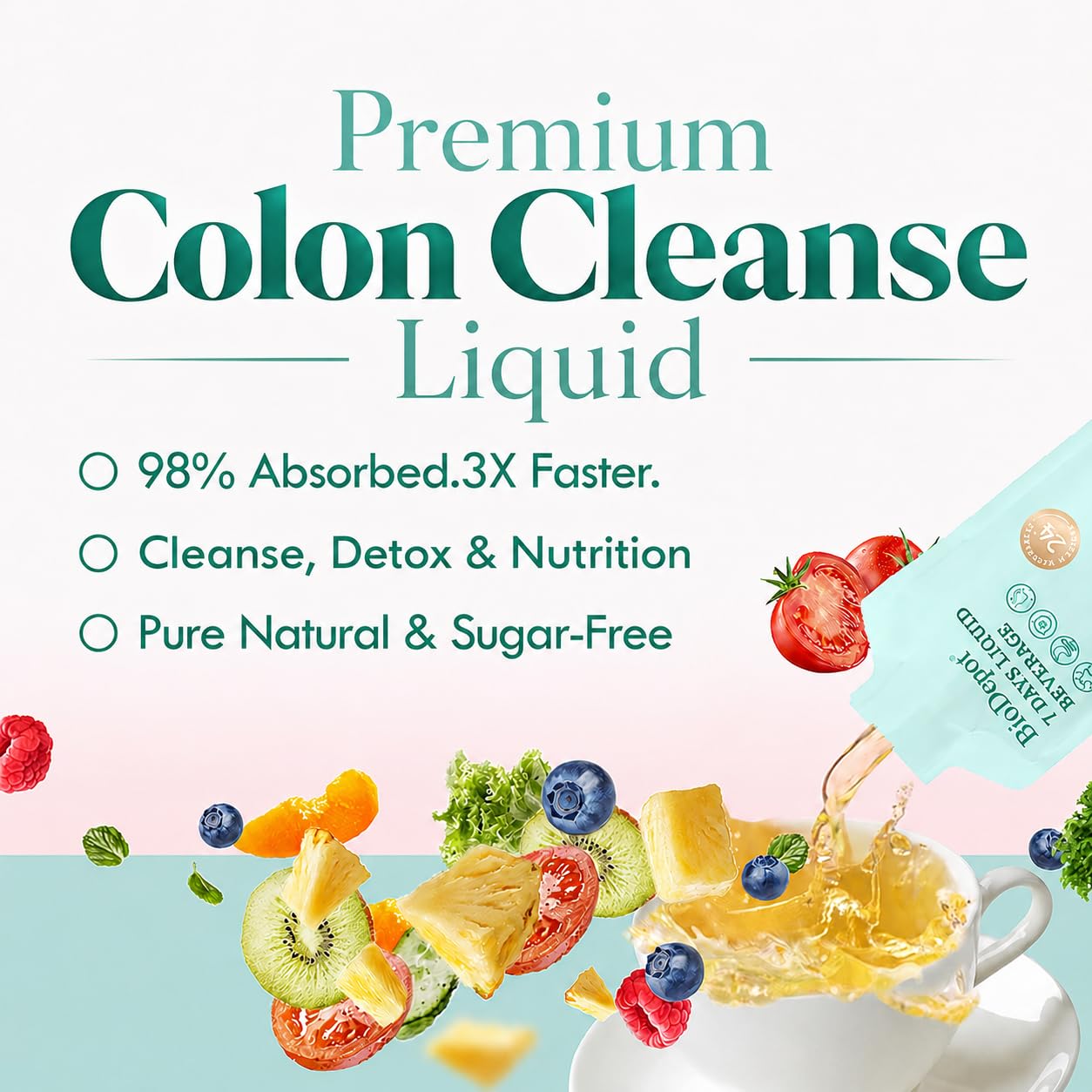 Biodepot 7 Days Colon Cleanse Liquid Beverage Gut Health Detox & Clean for Women & Men, 24 Fruit Vegetable Complex Probiotic Drink for Bowel Movements,