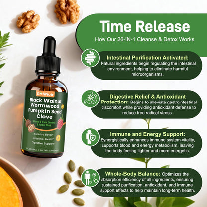 GrthNutr Black Walnut Wormwood Clove Tinture Cleanse for Humans - Gut Detox & Intestinal Health Digestive Support with Pumpkin, Oregano, Garlic Bulb