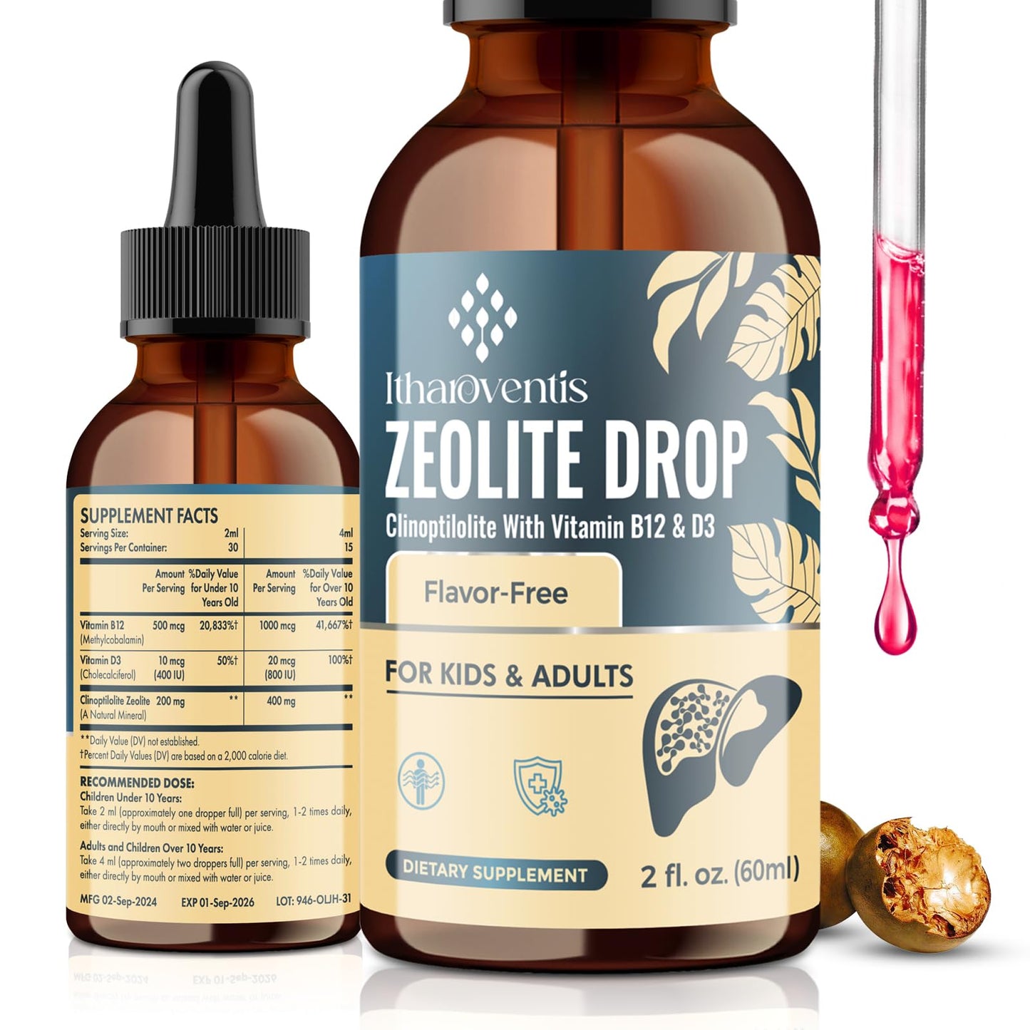 Itharoventis Zeolite Drops for Kids and Adults, Zeolite Clinoptilolite Liquid with Methyl Vitamin B12 & D3 for Gut & Speech,